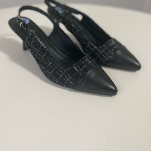 Black Tweed & Leather Pointed Slingback Heels